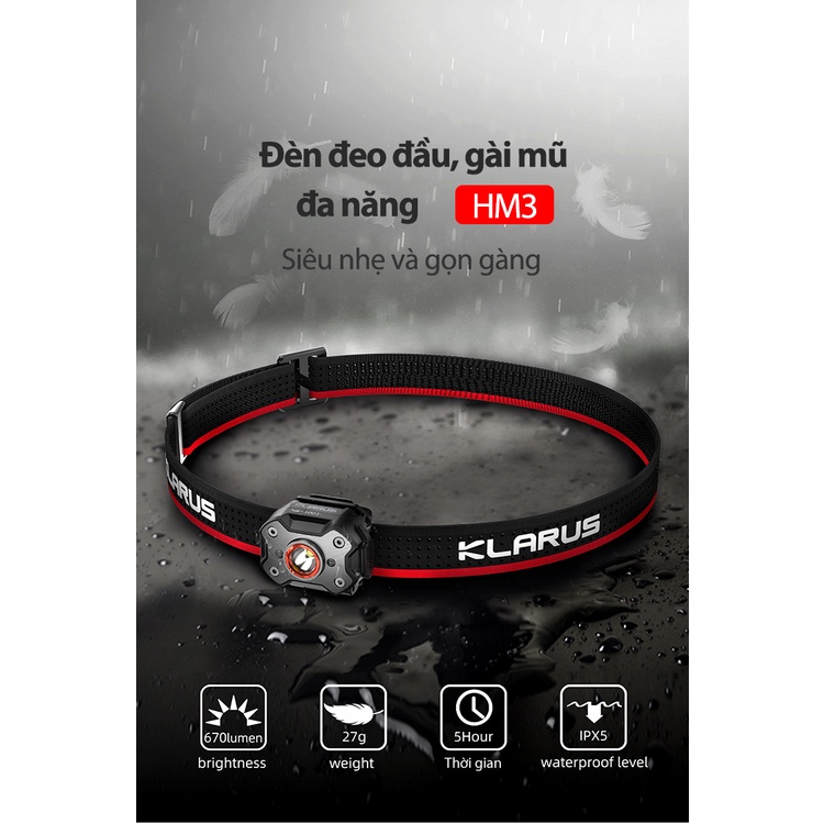Đèn pin đeo đầu gài mũ siêu nhẹ KLARUS HM3 độ sáng 670 lumen pin 200mAh