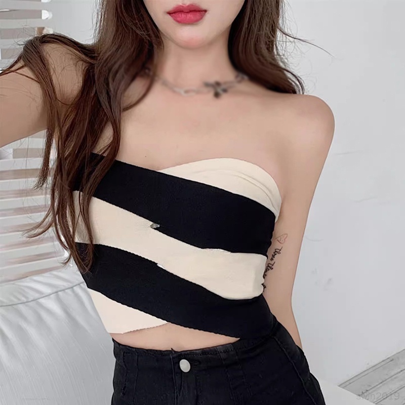 Áo Croptop Dệt Kim Sát Nách Kẻ Sọc Màu Tương Phản Kiểu Hàn Quốc Thời Trang Mùa Hè Cho Nữ