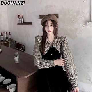 Duohanzi Đầm Nhung Dài Tay Ôm Dáng Phong Cách hepburn Thu Đông Nhẹ Nhàng Cho Nữ