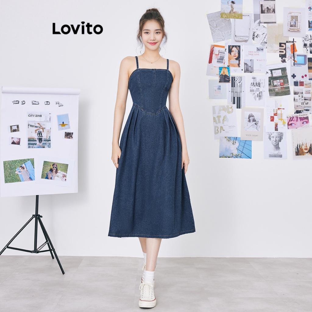 Đầm denim Lovito dáng chữ A có khóa kéo bên hông thời trang cho nữ L59ED016 (Xanh dương)