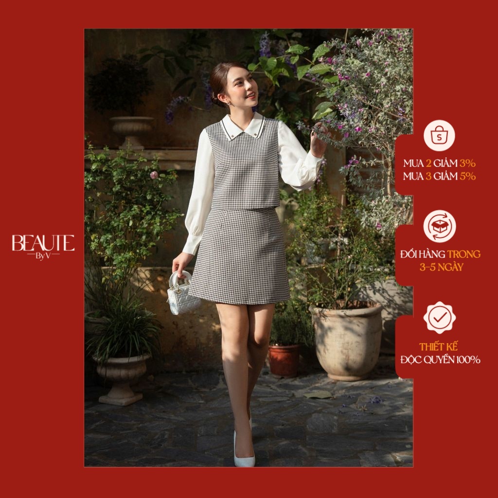 BEAUTEBYV - Chân váy kẻ caro chạy ren viền cạp Hallue