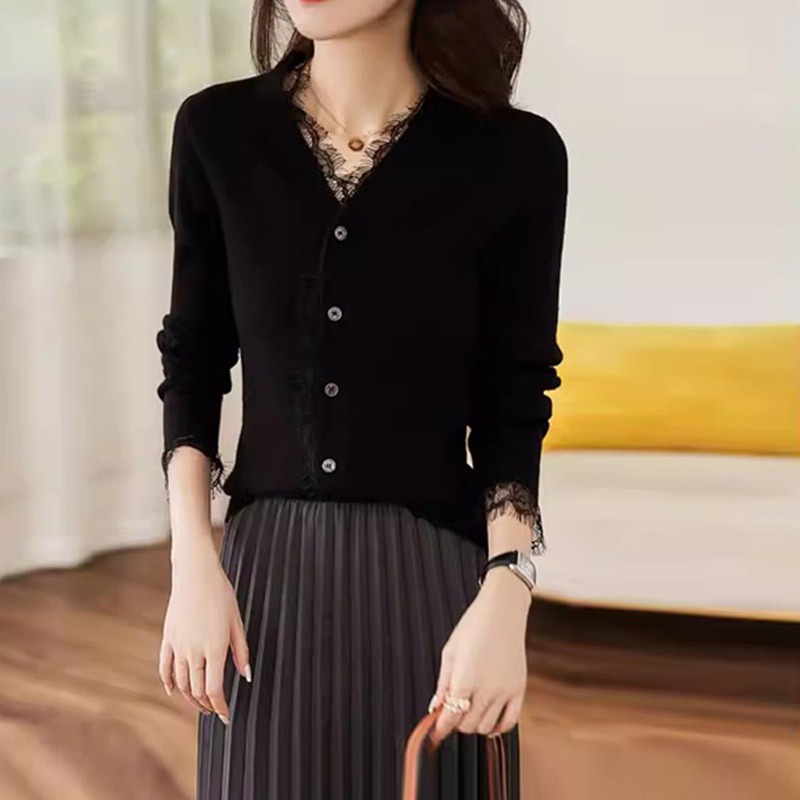 Áo Khoác cardigan Dệt Kim Phối Ren Thanh Lịch Thời Trang Thu Đông Cho Nữ