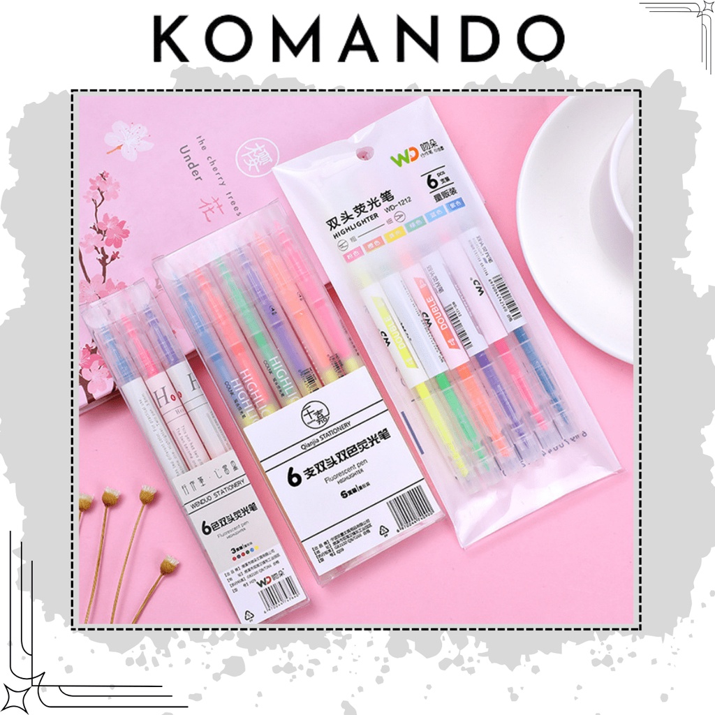 Bộ 6 bút highlight dạ quang, take note, ghi chú, 2 size - Komando.Store