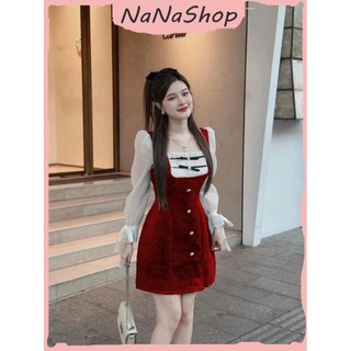 Đầm váy nhung cứng phối ngực xếp ly dài tay đính nơ tiểu thư, Đầm phối tơ ngực dài tay dáng xòe ngắn