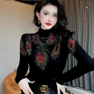 Áo Thun Nữ Dài Tay Cổ Cao Đính Hạt Kim Cương Thời Trang Hàn Quốc