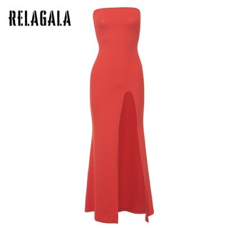 RelaGala Nữ Mới Thời Trang Màu Trơn Đơn Giản Cao Cấp Rời Vai Đầm Chia Vai