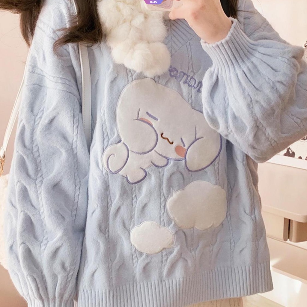 Áo sweater Dệt Kim Tay Dài Dáng Rộng Cổ Chữ v Thêu Hoạt Hình sanrio cinnamoroll Phong Cách Nhật Bản Thời Trang Xuân Thu Cho Nữ y2k