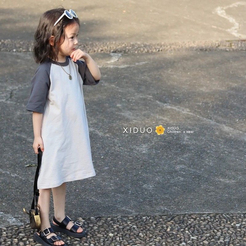 Đầm Thun Dáng Dài Rộng Thời Trang Mùa Hè Hàn Quốc 2023 Màu Sắc Tương Phản Dành Cho Bé Gái