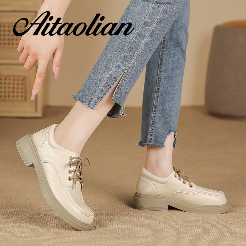 Giày Da Lười Đế Mềm 3.5cm Cột Dây Mũi Tròn Phong Cách Anh Quốc Đơn Giản Tăng Chiều Cao Cho Nữ