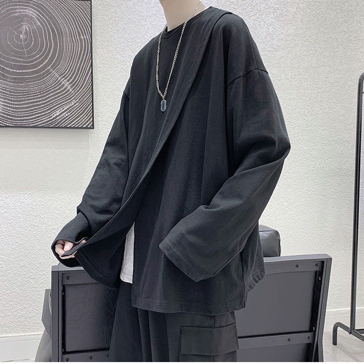 Áo Thun Tay Dài Dáng Rộng Xẻ Tà Kiểu Hồng Kông Cá Tính Cho Nam