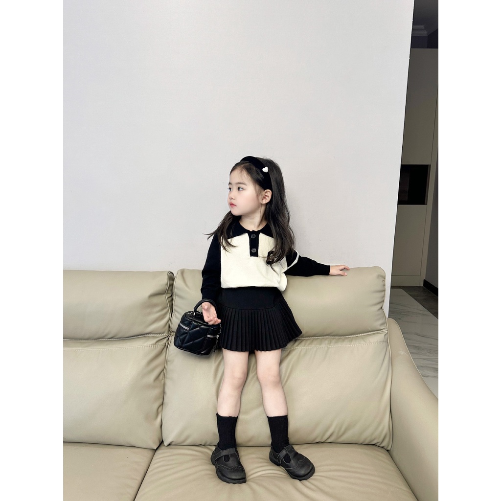 SET ÁO POLO DÀI TAY MIX CHÂN VÁY XẾP LY BASIC CHO BÉ GÁI- HÀNG QCCC