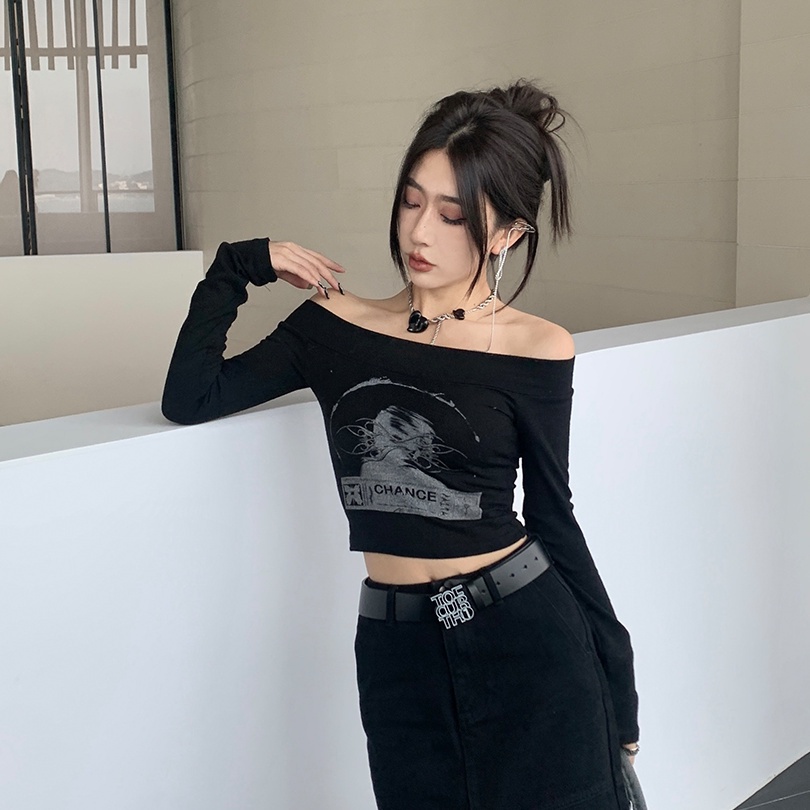 Áo Thun Nữ Tay Dài Trễ Vai Dáng Ôm Ngắn Phong Cách Hàn Quốc