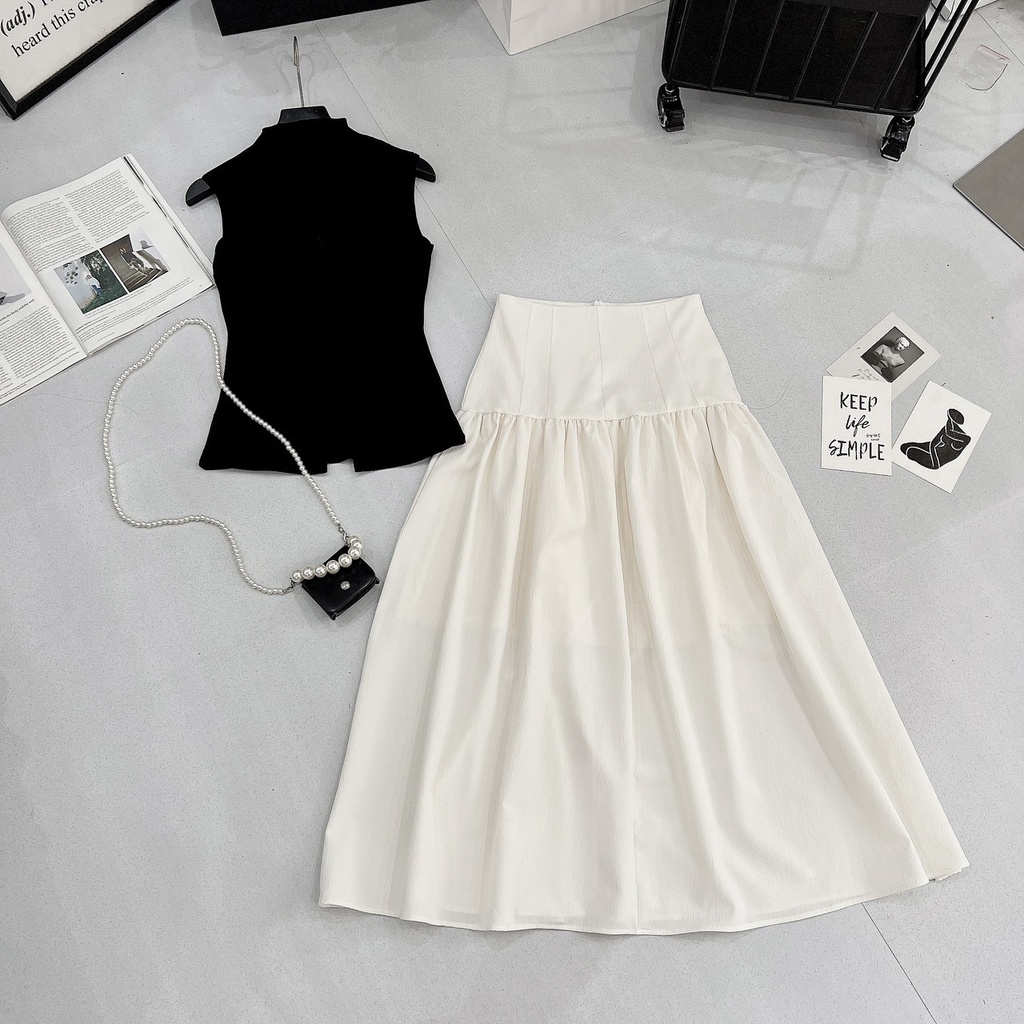 Set áo zip mix chân váy dài xoè siêu xinh phong cách hàn quốc