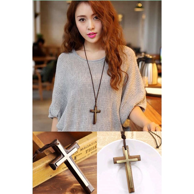 Dây Chuyền Da Hai Lớp Mặt Gỗ Kim Loại Hình Thánh Giá Phong Cách Cổ Điển Dành Cho Nam Nữ