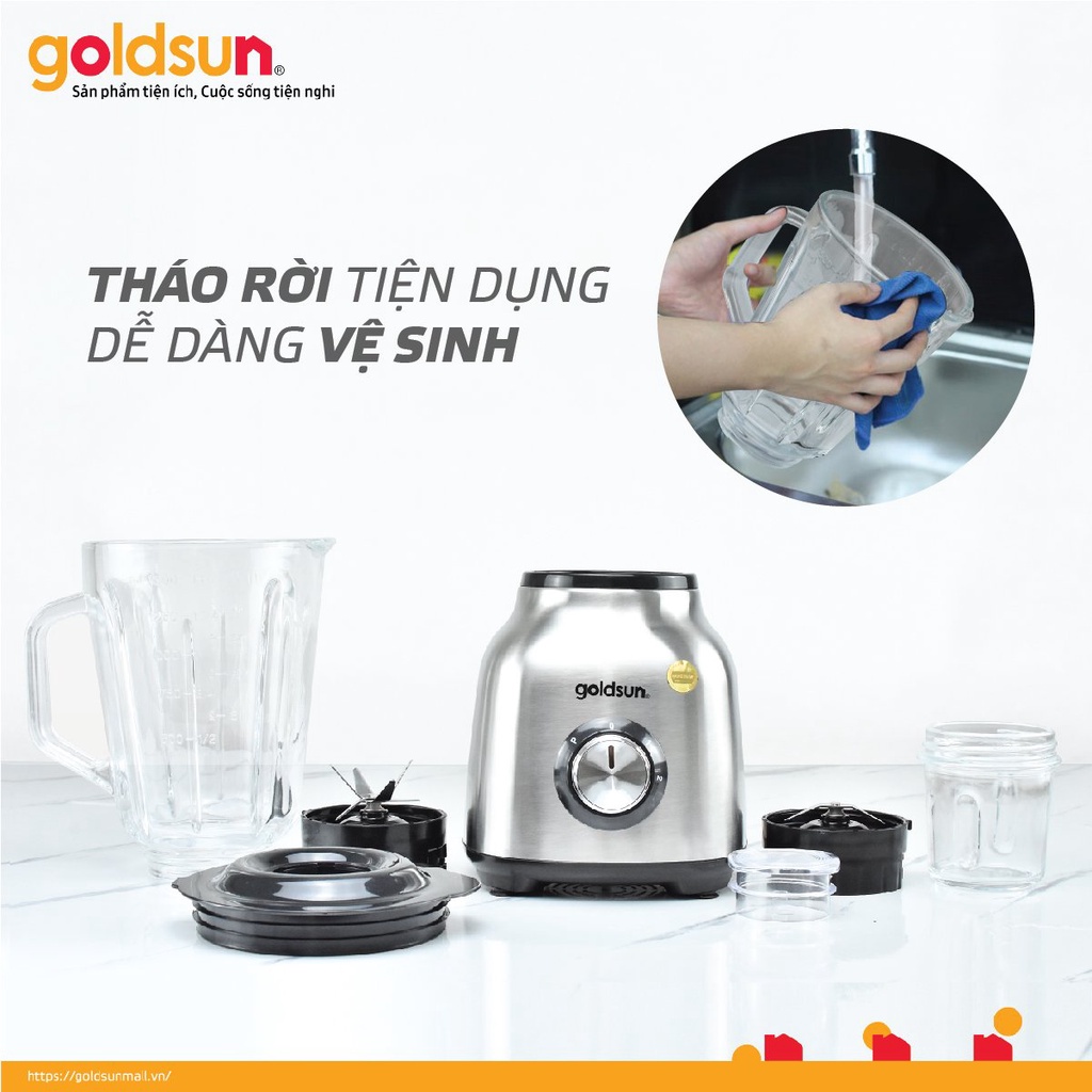 Máy xay sinh tố Goldsun GBL4140 công suất 500W 2 cối xay thủy tinh cao cấp lưỡi dao 6 cánh inox không gỉ, bảo hành 12T
