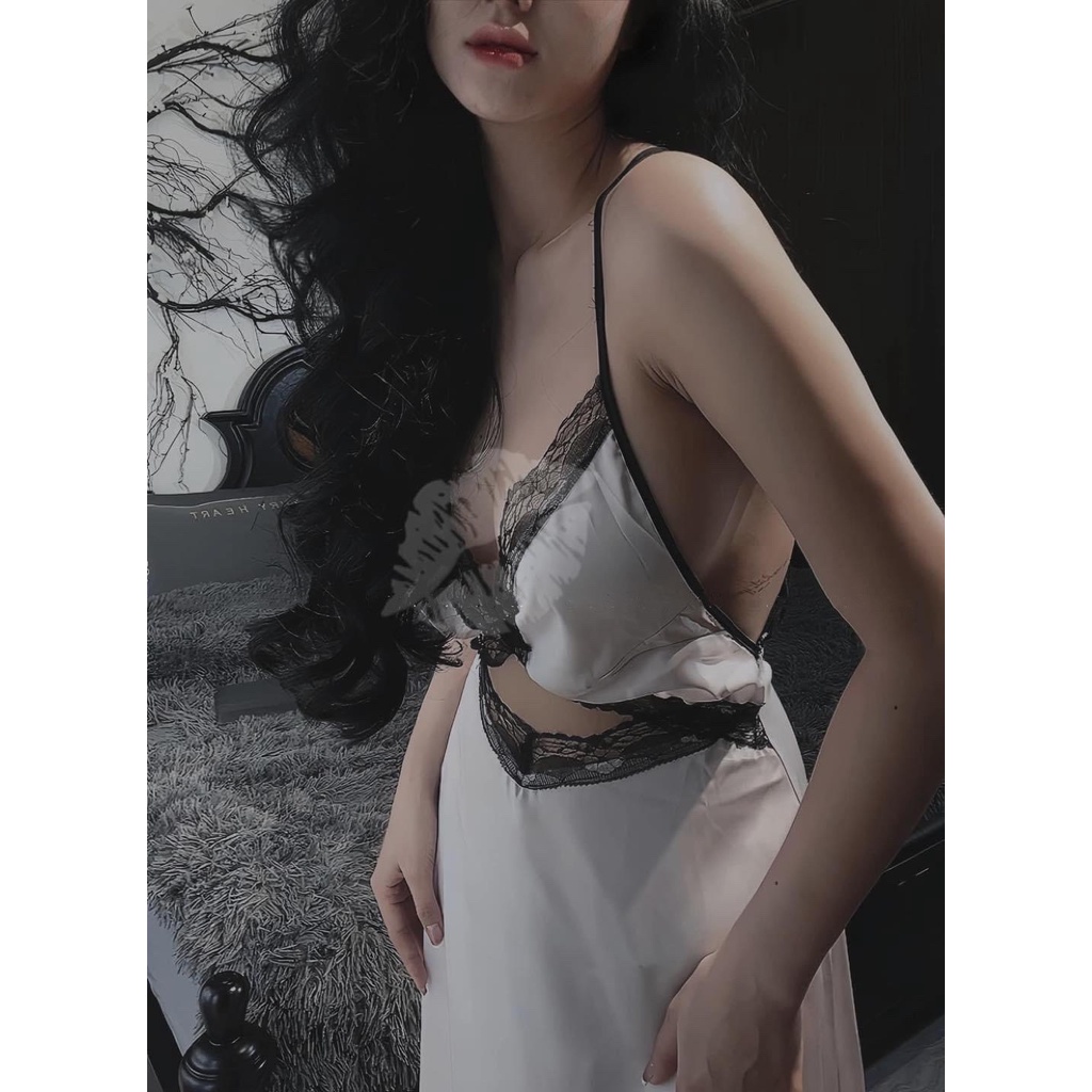 Đầm Ngủ Dáng Dài 2 Dây Phối Ren Cut Bụng Sexy Lụa Latin Cao Cấp Freesize 4O- 58kg - Namishop