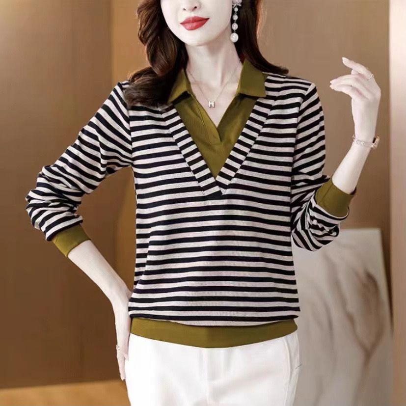 Áo Thun Tay Dài Giả Hai Lớp / Kẻ Sọc / Áo Thun Tay Dài Kiểu Hàn Quốc Thời Trang Mùa Thu Cho Phụ Nữ Trung Niên