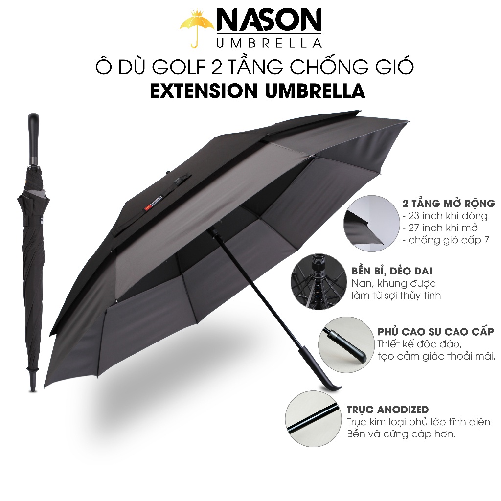 Ô dù Golf 2 tầng mở rộng Nason Umbrella Extension thiết kế độc đáo, 23 inch khi đóng, 27 inch khi mở