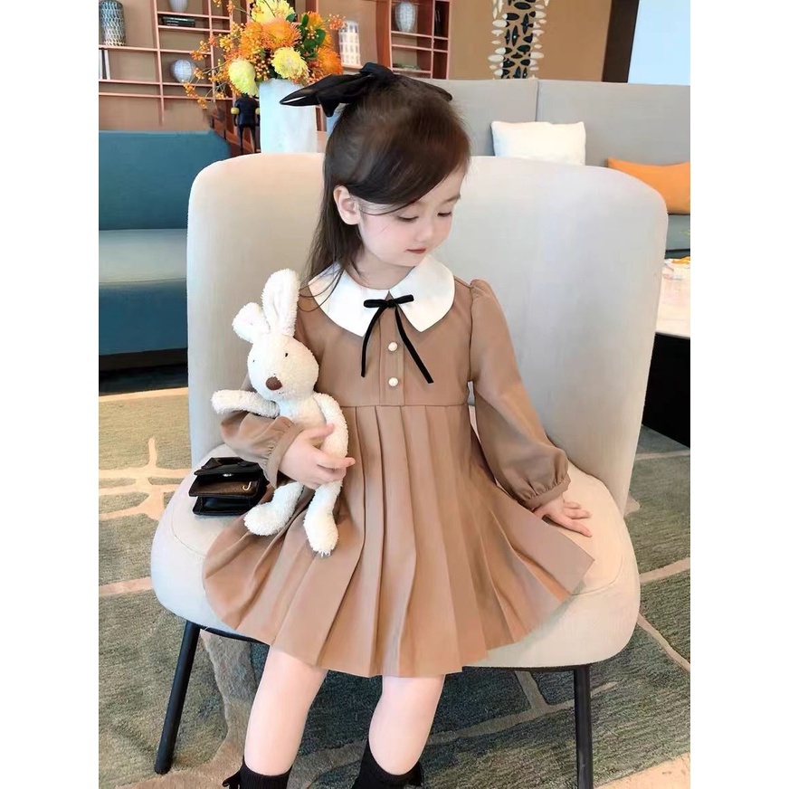 Đầm Tay Dài Màu Trơn Thời Trang Dành Cho Bé Gái 3-10 Tuổi