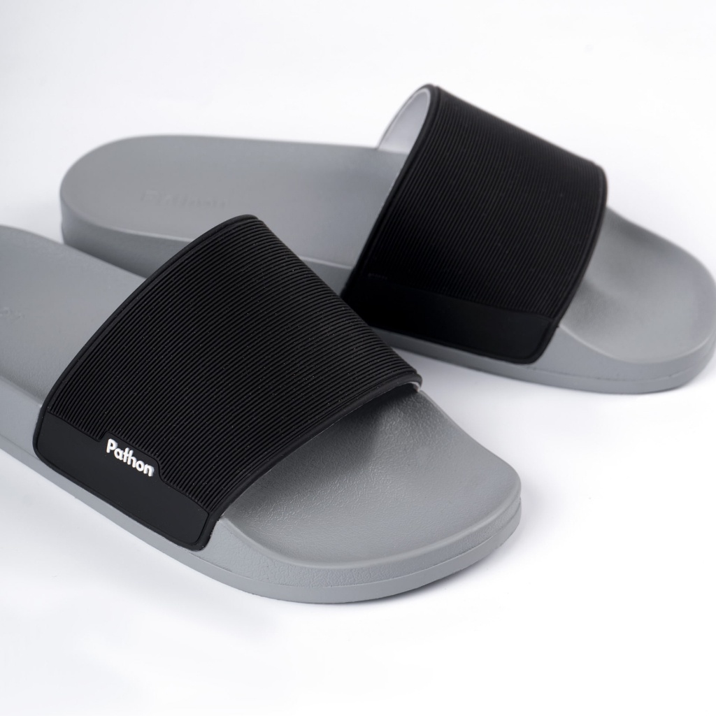 Dép nam nữ quai ngang slipper Pathon PVC và đế PU xám quai đen Mẫu SD62