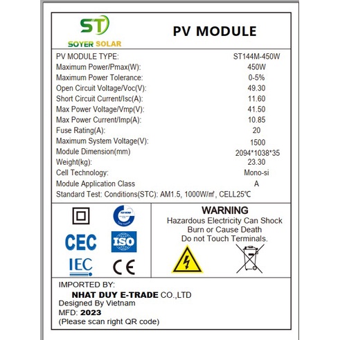 Tấm Pin Năng Lượng Mặt Trời 450W Mono Tiêu chuẩn Châu Âu Tấm Năng Lượng Mặt Trời Mono 450 Watt Hãng SOYER SOLAR