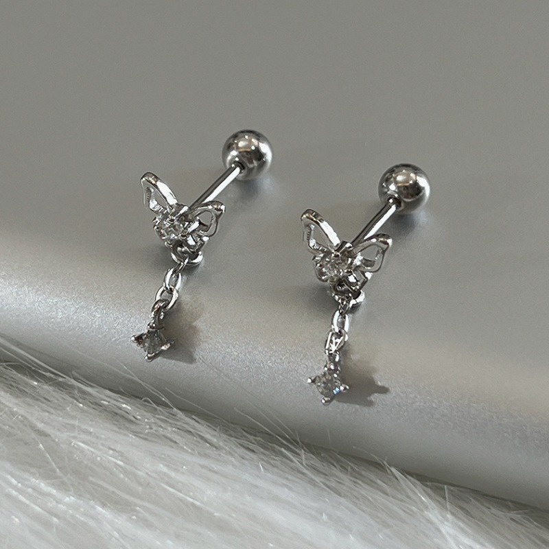 We flower Bông Tai Mạ Bạc 925 Dáng Dài Hình Bướm Đính Pha Lê Thời Trang Cho Nữ