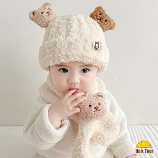 Set 2 Mũ beanie Trùm Đầu Giữ Ấm Mềm Mại In Hình Gấu Hoạt Hình Thời Trang Thu Đông Hàn Quốc Dành Cho Bé Trai Bé Gái 6-36 Tháng Tuổi