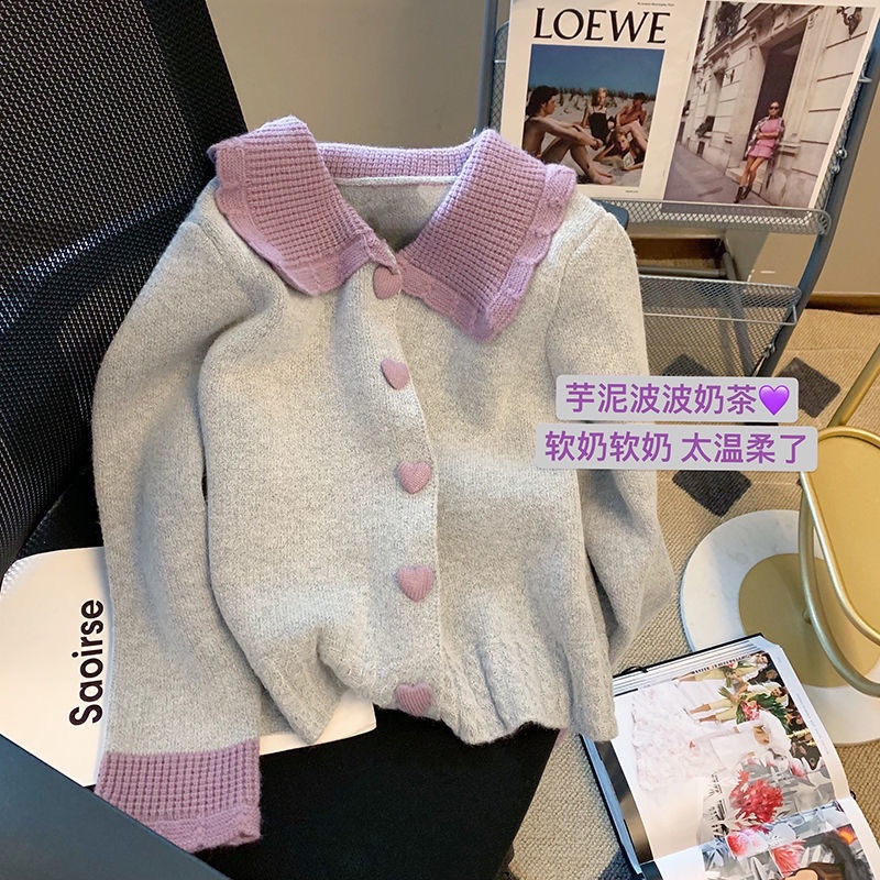 Áo sweater Dệt Kim Cổ Búp Bê Màu Tương Phản Thời Trang Thu Đông 2021 Mới Cho Nữ