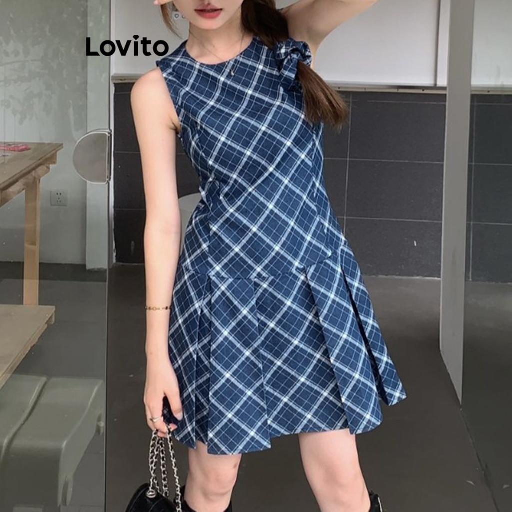 Lovito Váy họa tiết xếp ly Gham đơn giản cho nữ L64AD045