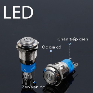 Nút nhấn Công tắc nguồn Self-Lock Kim loại Tự Khóa 12mm, Có hình nguồn LED
