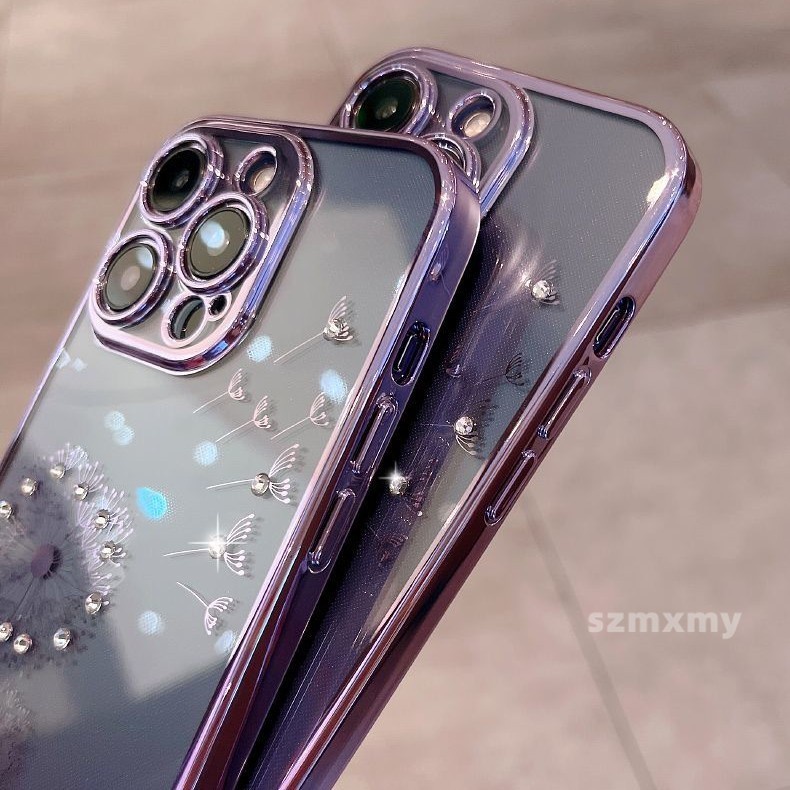 Ôp Điện Thoại tpu Dẻo Trong Suốt Mạ Điện Họa Tiết Hoa Bồ Công Anh Tím Cho iphone 15 14 plus 13 12 11 pro max Ốp