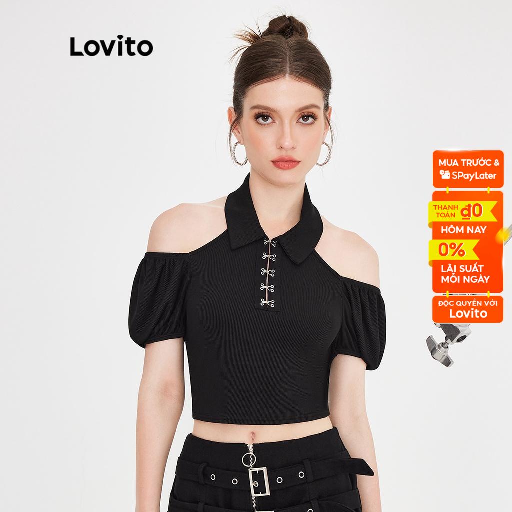 Áo thun Lovito cổ cắt xẻ màu trơn thường ngày cho nữ L51ED039 (màu đen)