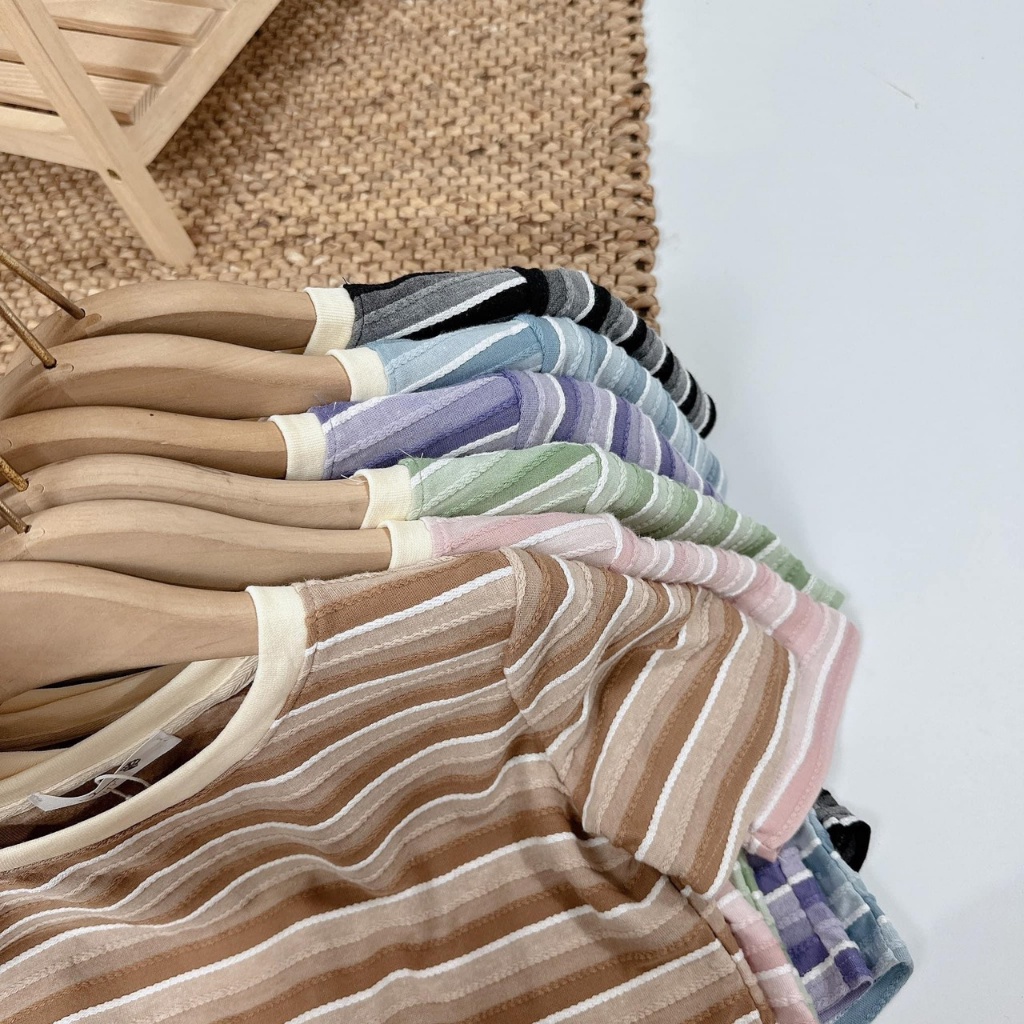 Áo thun croptop nữ tay ngắn cổ tròn kẻ sọc màu sắc hàng Quảng Châu chất cotton, áo phông mùa hè thời trang hàn 702 5