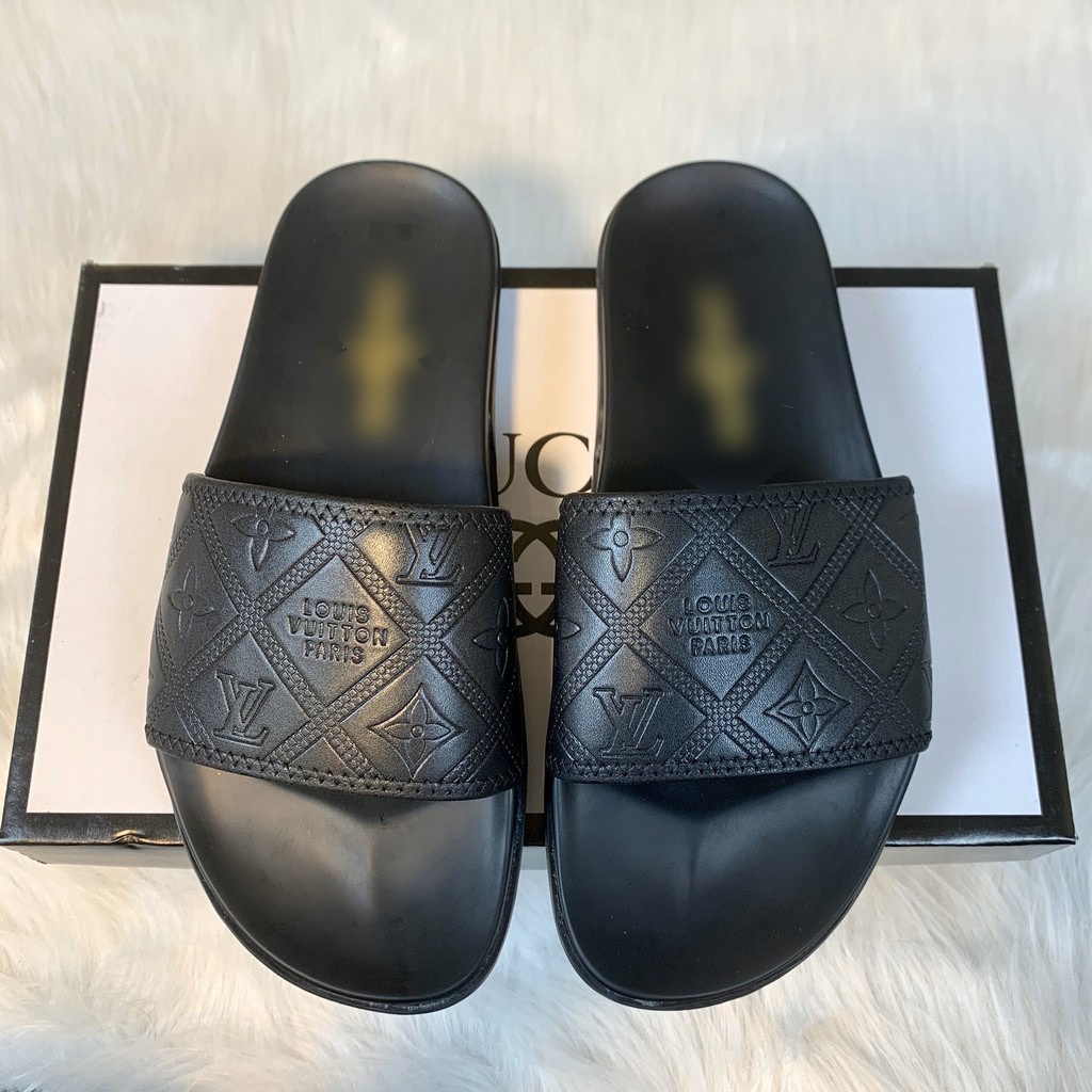 TKL GG Dép Nam Nữ Quai Ngang LV đen hàng thủ công, đi thoáng mát không hôi chân NINSHOP GG