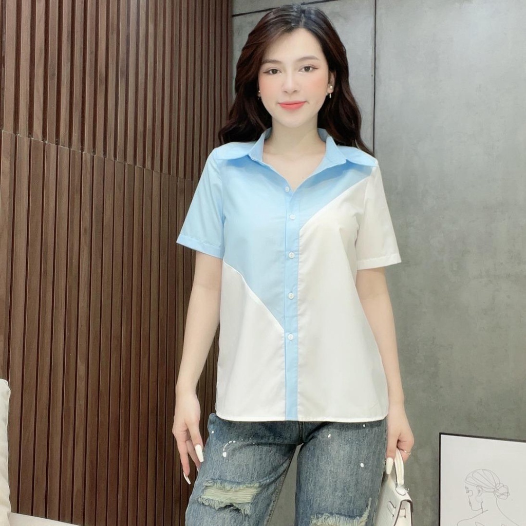 Áo Nữ Cộc Tay Xanh Phối Trắng Liin Clothing - SMC073MIX-S23