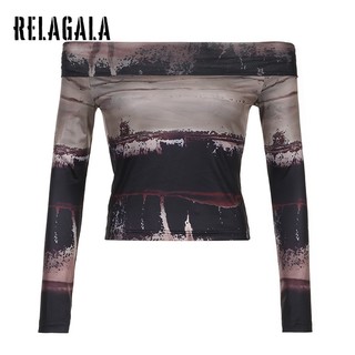 RelaGala Nữ Thời Trang Mới Gợi Cảm Tắt Vai Retro Màu Sắc Phù Hợp Với Áo Thun Dài Tay Mỏng