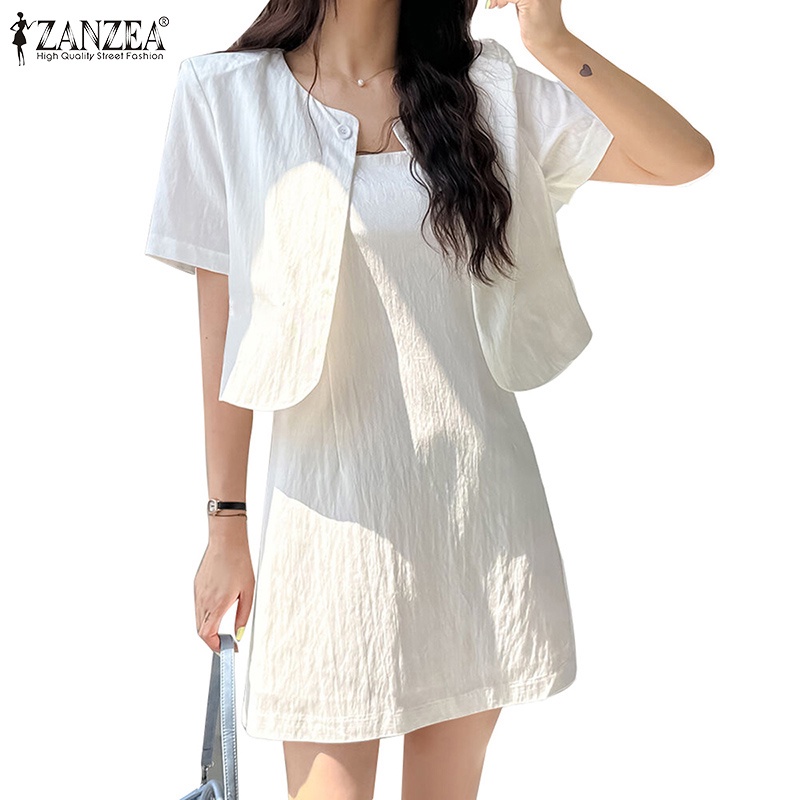 Zanzea Set Áo Khoác blazer + Đầm Hai Dây Màu Trơn Phong Cách Hàn Quốc Cho Nữ
