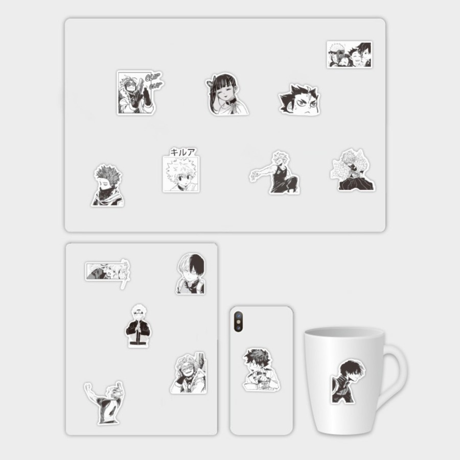 Set 10 Miếng Dán Trang Trí Ván Trượt / Xe Hơi - Họa Tiết Nhân Vật Anime Màu Trắng Đen 100 / 50 / 25 / 10 Sticker