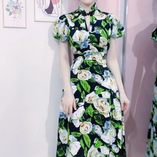 Đầm Maxi Hoa Cổ Tàu Đi Tiệc Chất Lụa Mango