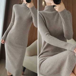 [Spot Hot Sale] Thu đông ăn mặc dài đan áo len cho phụ nữ kích thước lớn hơn đan áo len cho phụ nữ Hàn Quốc phong cách lỏng lẻo dài tay áo đan tay áo đầu một nửa chiều cao cổ áo len đầm