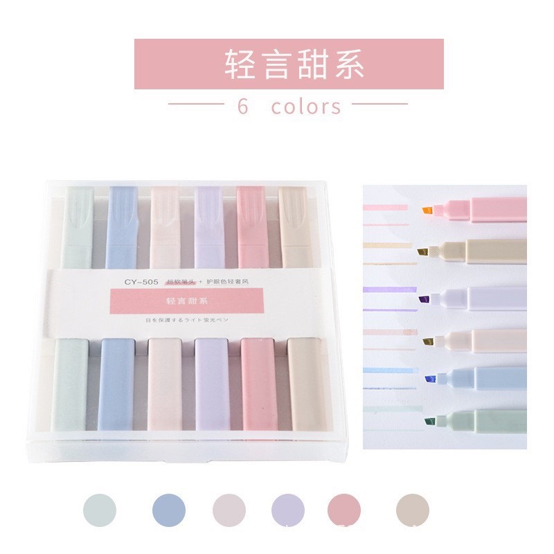 Set bộ 6 Bút Dạ Quang Highlight Đánh Dấu Bút Nhớ màu pastel phong cách morandi