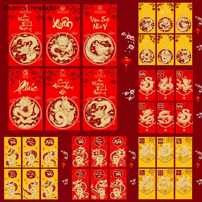 Set 6 Bao Lì Xì Năm Mới 2024 Hình Rồng May Mắn Phong Cách Trung Hoa