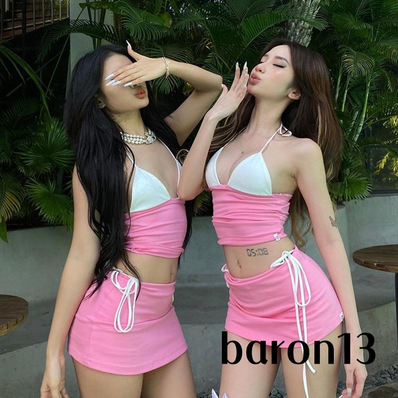 Xo8k-đầm 2 Món Áo Không Tay Cổ Buộc Dây Phối Chân Váy mini Eo Thấp Màu Tương Phản Thời Trang Mùa Hè Cho Nữ