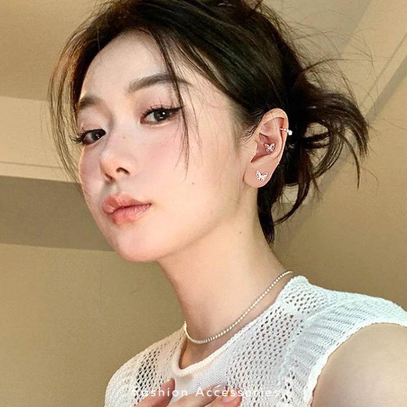 We flower Bông Tai Mạ Bạc 925 Hình Bướm Đính Pha Lê Nhiều Màu Phong Cách Hàn Quốc