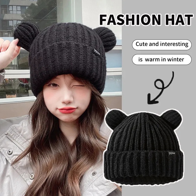 Dễ Thương Mũ Len Dệt Kim Rộng Vành Hình Tai Gấu Xinh Xắn Phong Cách Hàn Quốc