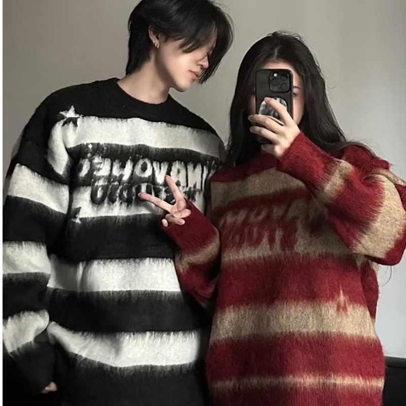 Áo sweater Dệt Kim Kẻ Sọc Ngôi Sao Thời Trang Hàn Quốc Dành Cho Cặp Đôi