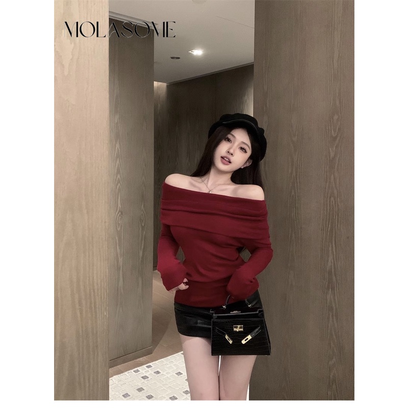 Áo Thun Tay Dài Màu Trơn Dáng Ôm Hở Vai Thời Trang 2023 Dành Cho Bạn Nữ