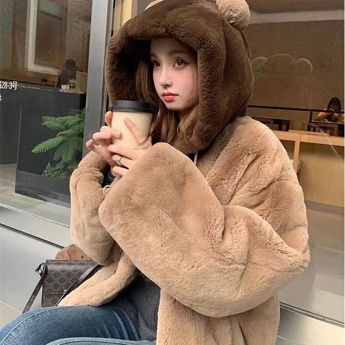 Dễ Thương Áo Khoác Giả Lông Thỏ Có Mũ Trùm Đầu Phong Cách Thời Trang Thu Đông 2023