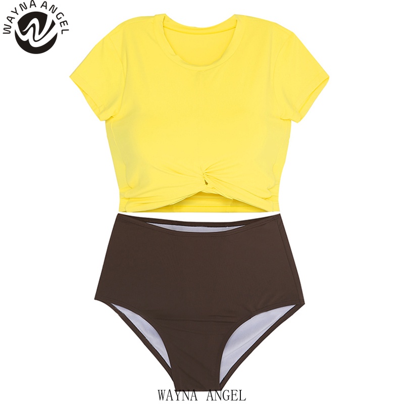 Bộ Đồ Bơi Hai Mảnh Tay Ngắn Màu Trơn Lưng Cao Phong Cách Hàn Quốc Dành Cho Nữ