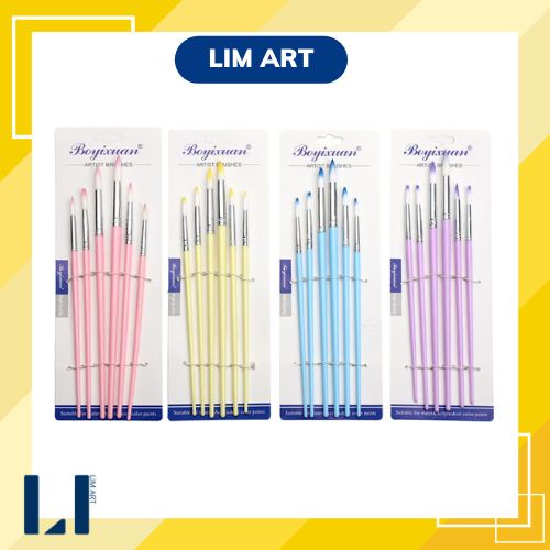 Set 6 cọ vẽ lông mềm màu macaron chuyên dụng vẽ tranh màu acrylic, màu gouache